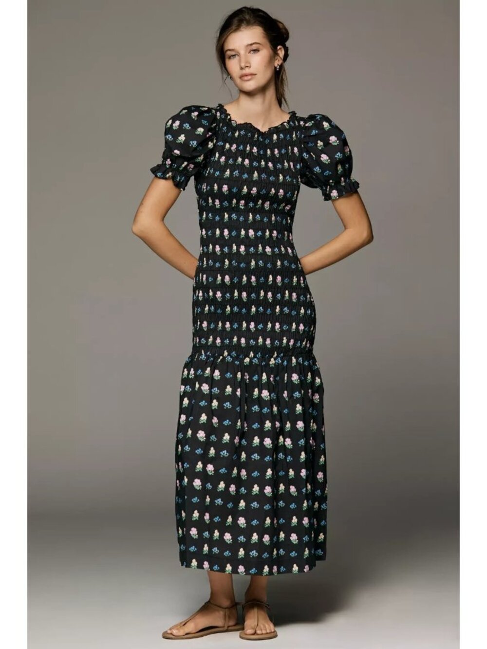NWT Lisa Says Gah x Arden Rose Soho in Black Floral Puff-Sleeve Midi Dress L